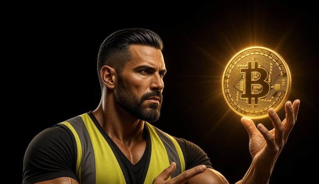 TRADIE worker in a reflective vest holding Bitcoin