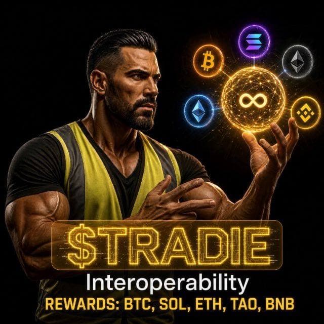 TRADIE worker in a hi-vis vest holding a glowing orb linked to Bitcoin, Solana, Ethereum and BNB. $TRADIE Interoperability. Rewards: BTC, SOL, ETH, TAO, BNB