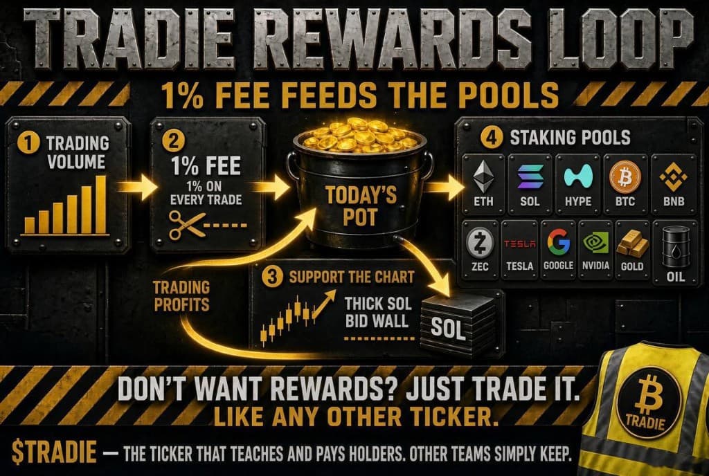 TRADIE rewards loop: trading volume pays a 1% fee on every trade into today's pot, which feeds staking pools (ETH, SOL, HYPE, BTC, BNB, ZEC, Tesla, Google, Nvidia, gold and oil) and supports the chart with a thick SOL bid wall, with trading profits flowing back into the pot
